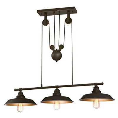 Image of 63325 Iron Hill Three Light Indoor Island Pulley Pendant, Oil Rubbed Bronze Finish with Highlights