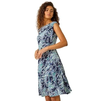 Image of Roman Originals Women Textured Leaf Print Fit &amp; Flare Dress Ladies Spring Everyday Summer Evening Vacation Work Holiday Smart Casual Green Size 20
