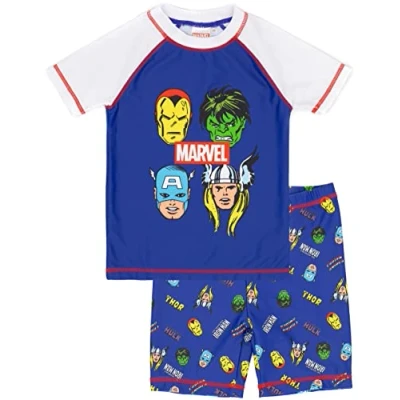 Image of Marvel Swimsuit for Boys Kids Blue Superheroes Hulk Iron Man Captain America Thor Beach Two Piece Top Shorts Bathing Suit Swim Set Comics Swimwear