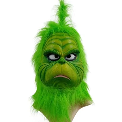 Image of Senua The Grinch Mask Costume with Green Furry Fur For Christmas Cosplay Party Latex Props Monster Mask, Garden Yard Cute