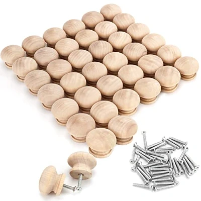 Image of Belle Vous 40 Pack of Round Unfinished Wood Knobs with Screws 3.4 x 2.5cm / 1.34 0.98 Inches Natural Wooden Birch Door Knob Hardware Furniture Cabinet, Wardrobe, Cupboard &amp; Drawer Pull Handles