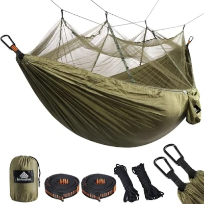 Image of NATUREFUN Travel Bug Net Camping Hammock 300kg Load Capacity,(275 x 140 cm) Breathable,Quick drying Parachute Nylon 2 Premium Carabiners,4 Slings Included For Outdoor Indoor Garden