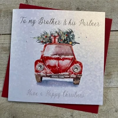 Image of White Cotton Cards BROTHER &amp; HIS PARTNER CAR CARRYING CHRISTMAS TREE CARD, HAND FINISHED (C23 89)