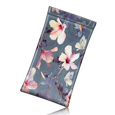 Image of Fintie Eyeglasses Pouch with Cleaning Cloth, Portable Squeeze Top Vegan Leather Soft Glasses Case Anti Scratch Sunglasses Bag, Blooming Hibiscus, Medium