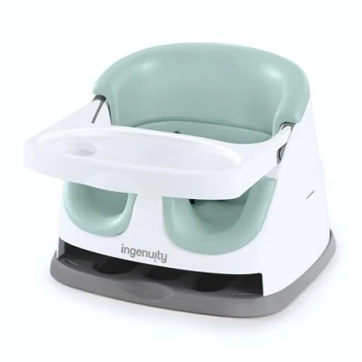 Image of Ingenuity, Baby Base 2 in 1 Seat, Mist, Booster Chair, Dining and Feeding Seat for Toddlers, Easy to Clean with Removable Self Storing Tray, Ages 6 Months+
