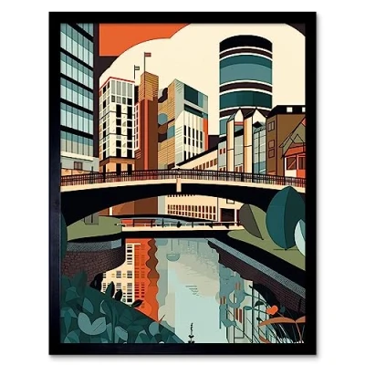 Image of Artery8 Birmingham City Centre Canal Geometric Cityscape Art Print Framed Poster Wall Decor 12x16 inch