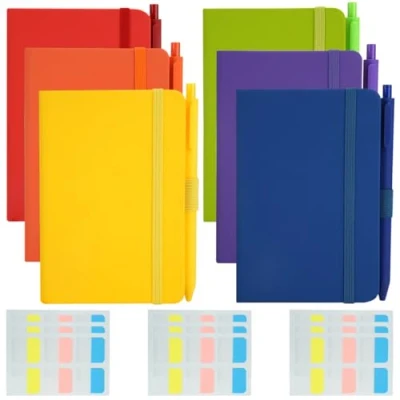 Image of 6Pcs A6 Pocket Notebooks, Small Hardcover Notebook, 6 Mini Journal Notebook with Pen and 10 Sticky Notes, Lined Notepads 160 Pages for Office, Home, School (Coloured)