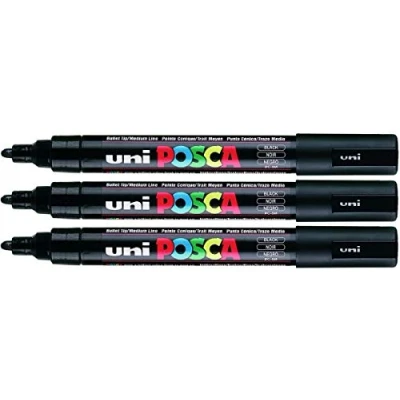 Image of Posca PC 5M Black Colour Paint Marker Pens 2.5mm Medium Bullet Tip Nib Writes On Any Surface Glass Metal Wood Plastic Fabric (Pack Of 3)