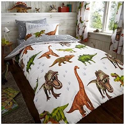 Image of GC GAVENO CAVAILIA Reversible Kids Duver Cover Sets, Polycotton Bedding, Warm Cosy Dinosaur Single Bed Set, Dino Rotary