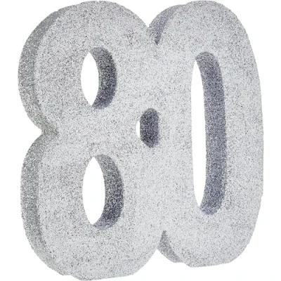 Image of Number 80 Glitter Table Decoration Silver Centrepiece Decorations 80th Birthday Pack of 1 20cm H120