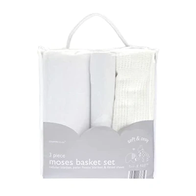 Image of 3PC White Moses Basket Set Baby Bedding KIT * Cellular Blanket Polar Fleece Fitted Sheet