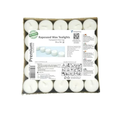 Image of Premium Tealights Rapeseed Wax Transparent Clear Cup Tea Lights White Unscented Night Candles Vegan Non Toxic (75 Natural 7 Hour Burning Time)