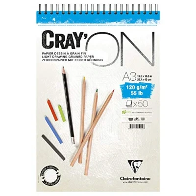 Image of Clairefontaine Ref 975031C Cray&#039;On White Wirebound Sketch Pad (50 Sheets) A4 (21 x 29.7cm) Size, 160gsm 100% Cellulose Paper, Grained One Size &amp; Smooth Other Side