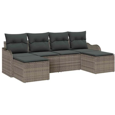 Image of vidaXL 6 Piece Garden Sofa Set with Cushions Grey Poly Rattan