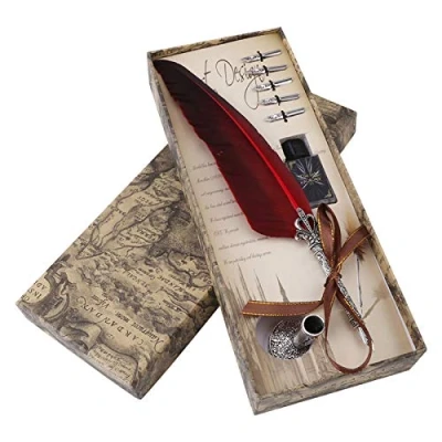 Image of Hilitand Handmade Dip Pen, English Calligraphy Feather Writing Ink Bottle Set, with 5 Replacement Nibs and Pen Nib Base for Stationery or Gift