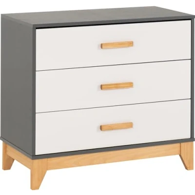 Image of Seconique 3 Drawer Chest, Engineered Wood, White/Grey Metal Effect, W 800mm x D 400mm H 730mm