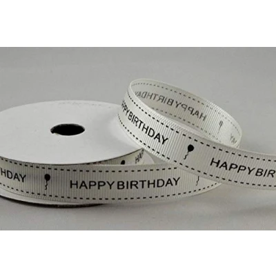 Image of Happy Birthday Printed Ribbon, Cream &amp; Black Grosgrain 16mm x 10 Metre roll