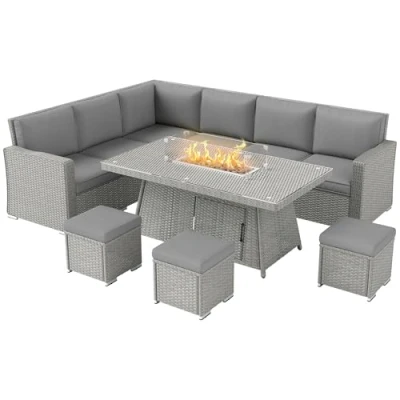 Image of Outsunny 7 Pieces PE Rattan Garden Furniture Set, 50,000 BTU Gas Fire Pit Table, Double Corner Sofa and 3 Footstools, 6 Seater Sets with Cushions for Conservatory, Grey