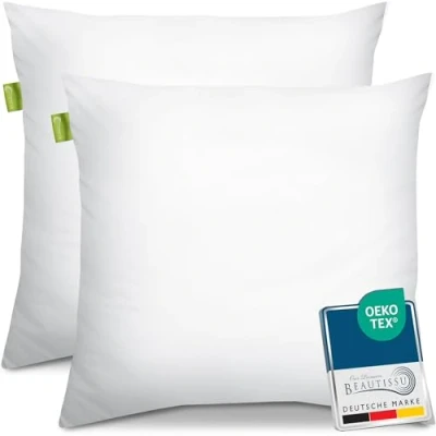 Image of Beautissu Bed Pillow 80x80cm Set of 2 BeauNuit UK Soft Sleeping Quilted Cushion 800gr Washable with Microfibre Padding Hypoallergenic