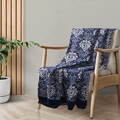 Image of EHC Damask Chenille Jacquard Sofa Armchair Single Bed Blanket Throw, 125 X 150 cm Navy Blue
