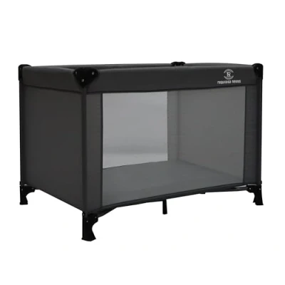 Image of REQUISITE NEEDS Travel Cot, Padded Mattress, Birth to 15kg, Compact Folding Design with Bag (Black)