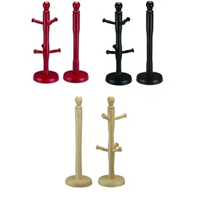 Image of 2 Piece Pc Kitchen Beechwood Wooden 6 Cup Mug Tree Stand with Paper Towel Holder Rack (Red)