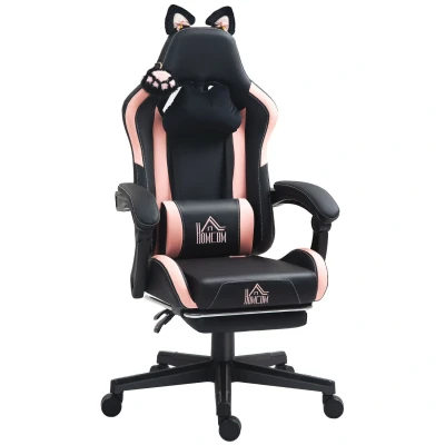Image of HOMCOM Gaming Chair for Adults with Cat Ears, Faux Leather Reclining Computer Footrest, Lumbar Support and Headrest, Height Adjustable Swivel Seat, Black