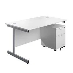 Image of 1600X800 Rectangular Desk White Silver &amp; 2 Drawer Pedestal Bundle