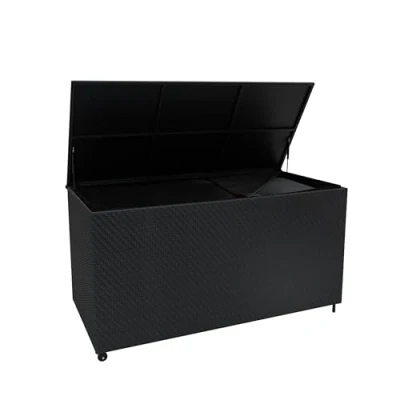 Image of Rattan Garden Storage Serafina Black Box &amp; Waterproof Lining Cover Large Cushion Blanket Tools Toys Furniture Chest 700L Outdoor Patio Deck Steel Frame Weather Resistant Gas Lift Lid Portable Wheels