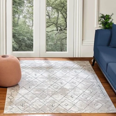 Image of Livabliss Bergen Geometric Rug Scandi Area Rugs Living Room 160x220 cm, Dining, Kitchen Neutral, Abstract Patterned Rugs, Boho Style, Easy Care Pile Large Rug, White and Blue