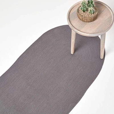 Image of HOMESCAPES Dark Grey Handmade Braided Oval Hallway Runner &amp; Living Room Woven Cotton Large Rug 66 x 200 cm