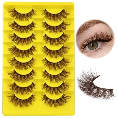 Image of ALICE Brown Lashes False Natural Look 17mm Eyelashes Cat Eye Faux Mink with Clear Band Wispy Fake Lash Strips 8 Pairs