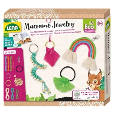 Image of Lena 42839 Eco Macramé Jewellery, Latch Making Set for Children from 8 Years, Craft Knotting a Key Ring, Necklace, Hair Scrunchie and Rainbow Pendant, Creative Jewellery
