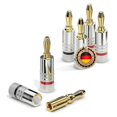 Image of ETEC Banana Plug, Suitable for Speaker Cables up to 6 mm² Cross Section, Straight Plugs with Colour Coding (2 x Red, 2 Black), Set of 4, 24 K Gold Plated