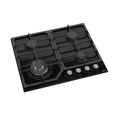 Image of Ferre SA025/W 60cm Built in Gas Hob 4 Burners Wok Burner Black Glass Cast Iron Pan Supports