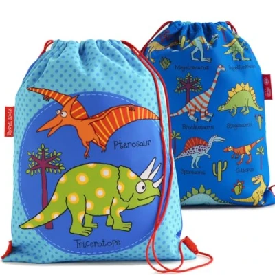 Image of Tyrrell Katz Kids Dinosaur Printed Swim Bag in Blue Waterproof Beach School Girls Drawstring Backpack with Inside Zip Pocket 32 x 42 cm