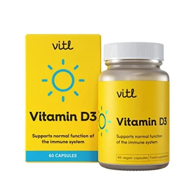 Image of Vitl Vitamin D3 Supplement 60 Vegan Softgel Capsules Support for The Immune System, Bones &amp; Joints, Teeth, Muscles and Heart 2 Month Supply