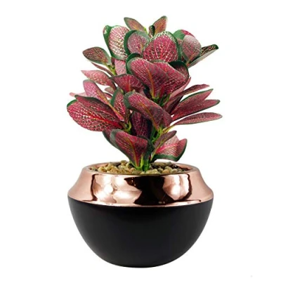 Image of Leaf Ceramic Copper Band Planter with Artificial Office Desktop Plant, Red Mosaic, 22cm
