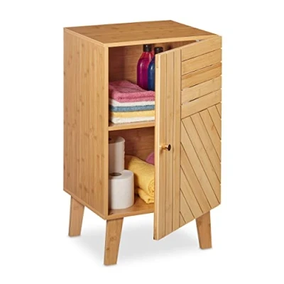 Image of Relaxdays Bathroom Cabinet, Free Standing, Wooden, Bamboo, Adjustable, Storage, Cupboard, HxWxD: 70 x 40 37cm, Natural, Fibreboard, 37 cm