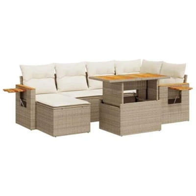 Image of vidaXL 7 Piece Garden Sofa Set Beige Poly Rattan/Acacia Wood Outdoor Patio Lounge with Cushions and Storage, Weather Resistant Modular Design Ideal for Garden/Terrace/Deck Use