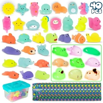 Image of Mochi Squishy Toys for Party Bag Fillers Kids Pack 40 BONNYCO Favours with Glow in the Dark, Unisex, Fidget Pinata Filler Birthday