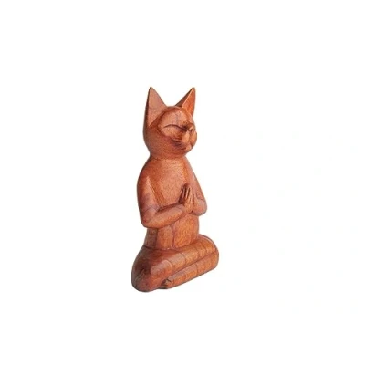 Image of Brave Wings Hand Carved Wooden Small Animal Meditating Cat OOAK Ornament Sculpture Figurine Statue Unique Table Decoration Home Decor Gift for Christmas and Birthdays 4355
