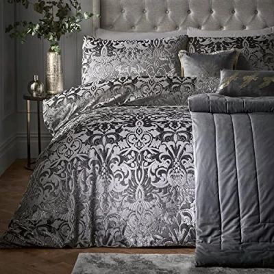 Image of Laurence Llewelyn Bowen Slate Grey Embossed Damask Duvet Cover King Bedding Size (230 x 220cm) 2 Pillowcases Velvet Luxury Set Jacquard in