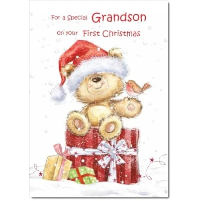 Image of doodlecards Grandsons 1st First Christmas Card Cute Bear on Parcel Large A4 Size for with Plain Envelope