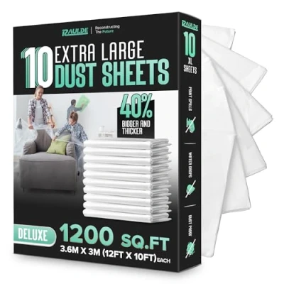 Image of RAULDE Pack of 10 Large Plastic Dust Sheets for Decorating &amp; Painting 3.6m x 3m (12ft 10ft) Polythene Sheeting Furniture Floor Protection Waterproof Tear Resistant Drop Cloth
