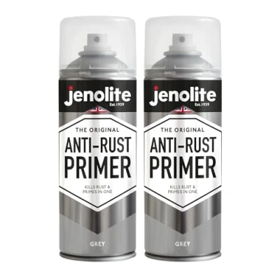 Image of JENOLITE Anti Rust Primer Spray Paint GREY 2x400ml High Performance Metal &amp; Corrosion Protection For Cars, Radiators, Garden Furniture More