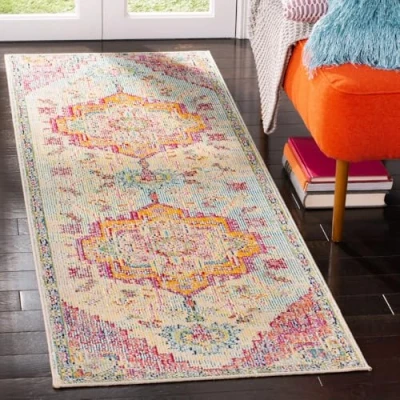 Image of SAFAVIEH Boho Rug for Living Room, Dining Bedroom Crystal Collection, Short Pile, in Light Blue and Fuchsia, 66 X 213 cm