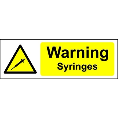 Image of Warning syringes Safety sign Self adhesive sticker 150mm x 50mm