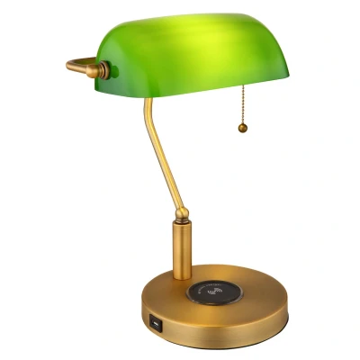 Image of Antique Bankers Table Lamp Old Brass Green Glass Shade 1x E27 Wireless Charge