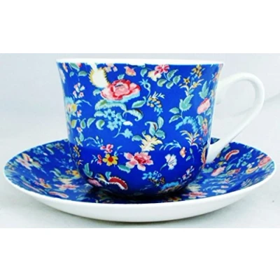 Image of Petite Bombay Breakfast Cup &amp; Saucer Blue Fine Bone China Large Hand Decorated in The U.K. Free UK Delivery